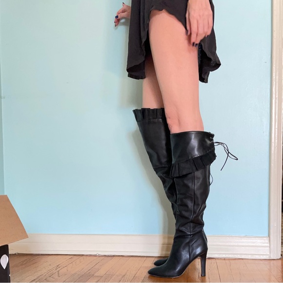 Black leather thigh high over knee ruffle tall boots otk boho club heels - Picture 4 of 16